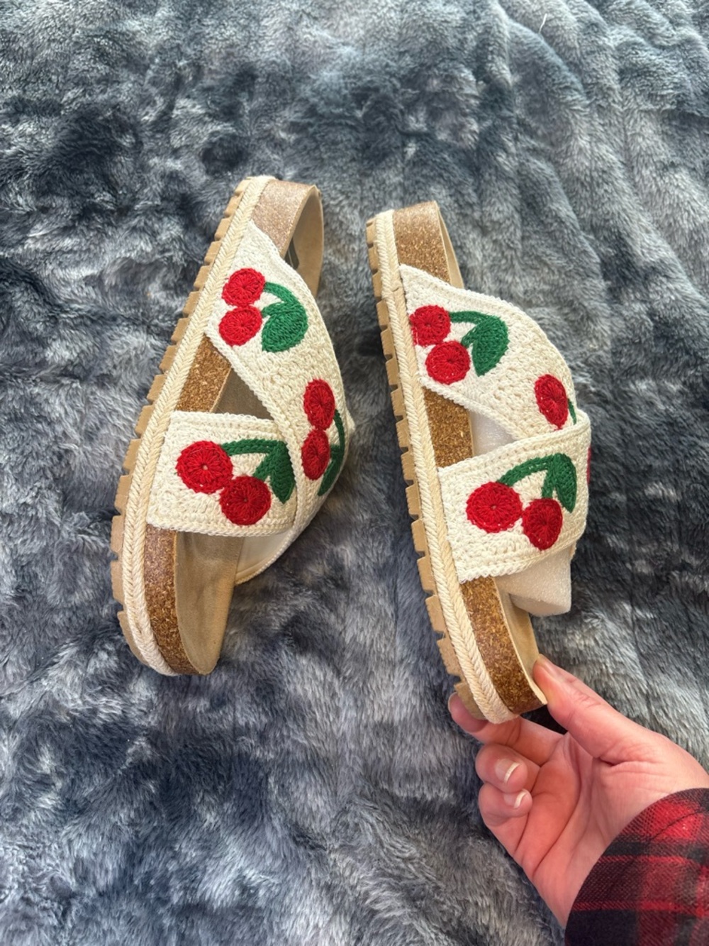 Dirty Laundry Cream Slide Sandals with Red Cherry Embroidery - Picture 3 of 8